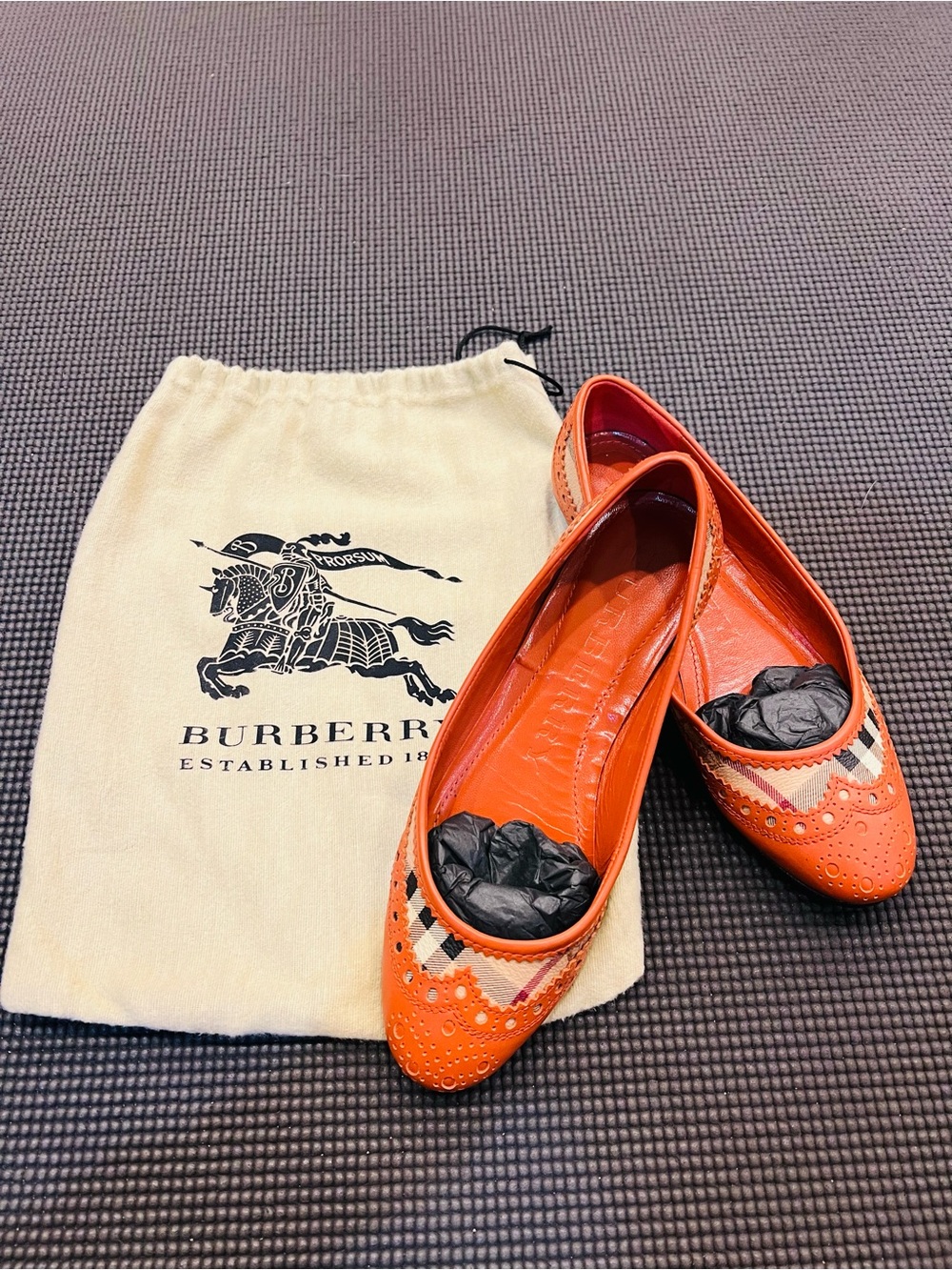 Burberry Orange Leather & Check Ballet Flats Size 6